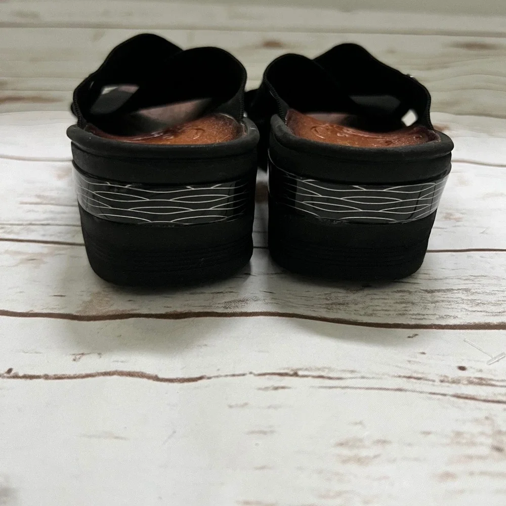 Bzees Desire Slide Sandals Black Stretch Cross Strap Wedge 7.5M